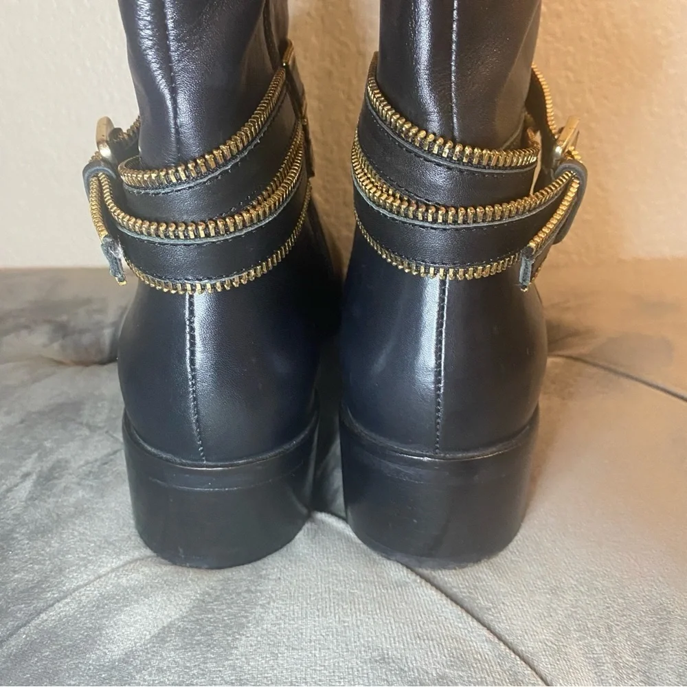 NWOB Heyraud Knee High Black Leather Boots With Gold Hardware - Size 40
